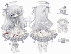 Rule 34 | 1girl, blunt bangs, blush stickers, boots, cake, cake slice, character sheet, commission, cross, dress, food, fork, frilled dress, frilled sleeves, frills, fruit, full body, grey hair, halo, highres, long hair, meyou 0319, original, pale skin, rabbit, single blush sticker, solo, standing, strawberry, stuffed animal, stuffed rabbit, stuffed toy, white background, white dress, white footwear, winding key, wings