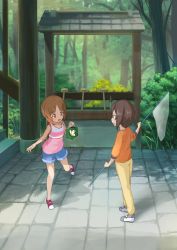 Rule 34 | 10s, 2girls, aged down, blue shorts, brown eyes, brown hair, butterfly net, casual, denim, denim shorts, forest, girls und panzer, hand net, holding, icomochi, long sleeves, looking at viewer, multiple girls, nature, nishizumi maho, nishizumi miho, open mouth, outdoors, pants, shirt, short hair, shorts, siblings, sisters, smile, standing, tank top