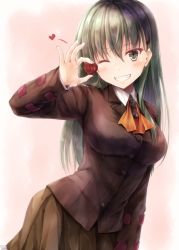Rule 34 | 10s, 1girl, arm at side, ascot, blazer, blush, buttons, candy, chocolate, chocolate heart, collared shirt, cowboy shot, eyebrows, food, green eyes, green hair, grin, hair between eyes, heart, highres, holding, holding food, jacket, kantai collection, long hair, long sleeves, looking at viewer, matching hair/eyes, one eye closed, pleated skirt, red background, school uniform, shirt, skirt, smile, solo, suien, suzuya (kancolle), valentine, white shirt