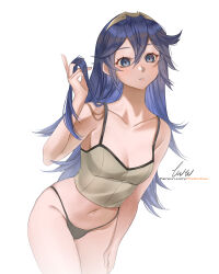 Rule 34 | 1girl, absurdres, alternate costume, artist name, black panties, blue eyes, blue hair, breasts, camisole, collarbone, fire emblem, fire emblem awakening, highres, leaning forward, long hair, lucina (fire emblem), navel, nintendo, panties, parted lips, pksou, playing with own hair, simple background, small breasts, solo, stomach, thighs, tiara, underwear, very long hair, white background