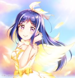 Rule 34 | 1girl, birthday, blue hair, breasts, cleavage, cloud, cloudy sky, commentary request, day, dress, feathers, frilled dress, frills, hair down, hair ribbon, love live!, love live! school idol festival, love live! sunshine!!, matsuura kanan, medium breasts, next sparkling!!, ponyagii, purple eyes, ribbon, sidelocks, sky, sleeveless, sleeveless dress, smile, solo, twitter username, wings