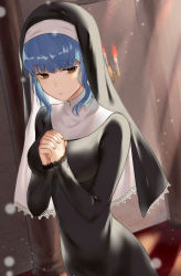 Rule 34 | 1girl, bags under eyes, black dress, blue hair, breasts, brown eyes, candle, candlestand, closed mouth, commentary request, dress, fire emblem, fire emblem: three houses, hair between eyes, haru (nakajou-28), highres, indoors, light rays, long sleeves, marianne von edmund, medium breasts, nintendo, nun, own hands together, short hair, solo, traditional nun, veil