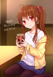 Rule 34 | 1girl, 2022, absurdres, aged up, ahoge, akausagi, black pantyhose, blue skirt, blurry, blurry background, blush, brown hair, closed mouth, commentary request, cup, dated, drinking glass, eyes visible through hair, hair between eyes, hair ornament, hair scrunchie, happy birthday, head tilt, highres, holding, holding cup, indoors, jacket, little busters!, long hair, long sleeves, looking at viewer, miniskirt, natsume rin, no shoes, off shoulder, official alternate costume, pantyhose, pencil skirt, pink scrunchie, ponytail, red eyes, scrunchie, sidelocks, sitting, skirt, smile, solo, tatami, wariza, yellow jacket