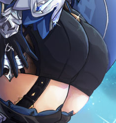 Rule 34 | 1girl, artist request, ass, ass focus, cape, eula (genshin impact), from behind, garter straps, genshin impact, gloves, head out of frame, leotard, long hair, looking at viewer, shiny clothes, short shorts, shorts, solo, thighhighs