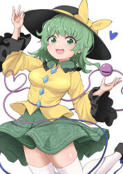 Rule 34 | 1girl, :3, :d, black footwear, black hat, bow, breasts, chups, commentary, floral print, frilled sleeves, frills, green eyes, green hair, green skirt, hand on headwear, hat, hat bow, heart, heart of string, highres, komeiji koishi, long sleeves, looking at viewer, medium breasts, medium hair, open mouth, rose print, shirt, simple background, skirt, smile, solo, thighhighs, third eye, touhou, white background, white thighhighs, yellow bow, yellow shirt