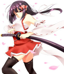 Rule 34 | 1girl, bad id, bad pixiv id, bare shoulders, black hair, black thighhighs, cherry blossoms, detached sleeves, flower, hair flower, hair ornament, holding, katana, kinta (distortion), long hair, one eye closed, original, petals, pleated skirt, red eyes, sarashi, sheath, sheathed, simple background, skirt, solo, sword, thighhighs, weapon, white background, wind, wink