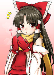 Rule 34 | 1girl, absurdres, bare shoulders, black hair, bow, breath, breathing on hands, cold, detached sleeves, frilled bow, frills, gradient background, hair bow, hair tubes, hakurei reimu, highres, itou yuuji, long hair, looking at viewer, mittens, nontraditional miko, red eyes, scarf, sidelocks, simple background, solo, touhou, yellow neckwear
