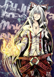 Rule 34 | 1girl, belt, bow, breasts, breasts apart, buttons, character name, cigarette, cleavage, cowboy shot, female focus, fire, fujiwara no mokou, grin, hair between eyes, hair bow, hand in pocket, high collar, hijikawa arashi, jewelry, long hair, long sleeves, medium breasts, midriff, navel, necklace, pants, red eyes, shirt, smile, solo, standing, suspenders, touhou, very long hair, white hair