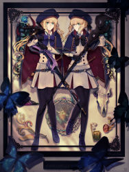 Rule 34 | 2girls, artoria caster (fate), artoria caster (second ascension) (fate), artoria pendragon (fate), belt, beret, black bow, blonde hair, blue belt, blue butterfly, blush, boots, bow, bug, butterfly, buttons, cauli flower (springfairy), cloak, closed mouth, crack, cracked glass, cross-laced footwear, crown, fate/grand order, fate (series), flower, flower (symbol), gem, gold, green butterfly, green eyes, hair between eyes, hair ornament, hat, highres, insect, lace-up boots, legs, long hair, looking at another, monochrome, multiple girls, multiple tails, ornament, pantyhose, purple bow, purple butterfly, purple footwear, red gemstone, shirt, shirt tucked in, skirt, skull, smile, spread legs, sword, tail, aesc (fate), two tails, weapon, white shirt, white skirt, yellow gemstone