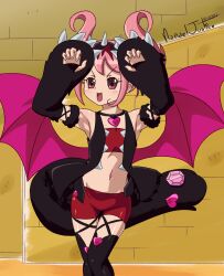 Rule 34 | 1girl, armpits, arms up, artist name, blush, dated, demon tail, demon wings, flat chest, gem, heart, highres, jewelpet (series), jewelpet kira deco!, jewelry, nanaeljustice, navel, oomiya pink, open mouth, outdoors, pink eyes, pink hair, sanrio, solo, tail, wings