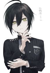 Rule 34 | 1boy, ahoge, black hair, black jacket, character name, commentary request, danganronpa (series), danganronpa v3: killing harmony, hair between eyes, highres, jacket, long sleeves, male focus, parted lips, saihara shuichi, simple background, solo, upper body, white background, yellow eyes, zaso