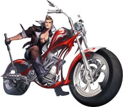 Rule 34 | 1boy, black gloves, blonde hair, boots, chaos online, chaps, full body, gloves, highres, jacket, kanzel (chaos online), looking at viewer, love cacao, male focus, motor vehicle, motorcycle, official art, open clothes, open jacket, red eyes, scale shirt, short hair, solo, transparent background, vehicle