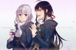 Rule 34 | 10s, 2boys, ahoge, bag, black hair, character name, coat, coffee cup, contemporary, cup, disposable cup, headphones, headphones around neck, highres, honebami toushirou, male focus, multiple boys, namazuo toushirou, open mouth, ponytail, purple eyes, scarf, shoulder bag, smile, sumery, touken ranbu, white hair