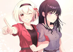 Rule 34 | 2girls, absurdres, alian2020, belt, black hair, black hairband, blonde hair, blush, bow, brown belt, clenched teeth, collarbone, commentary, couple, dress shirt, grey shirt, hair bow, hairband, highres, inoue takina, jacket, jewelry, locked arms, long hair, looking at viewer, lycoris recoil, multiple girls, necklace, nishikigi chisato, off shoulder, one eye closed, one side up, open clothes, open jacket, open mouth, pink background, pointing, purple eyes, red bow, red eyes, red jacket, shirt, short hair, short sleeves, sidelocks, simple background, teeth, upper body, yuri