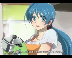 Rule 34 | 10s, 1girl, :d, ahoge, apron, aqua eyes, blue eyes, blue hair, cardfight!! vanguard, cooking, from side, happy, holding, housewife, indoors, jewelry, kano ko, letterboxed, long hair, looking at viewer, low ponytail, matching hair/eyes, mature female, necklace, open mouth, oven mitts, pendant, ponytail, pot, scrunchie, sendou shizuka, short sleeves, smile, solo, steam, upper body, wingal