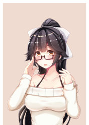 Rule 34 | 1girl, alternate costume, azur lane, bare shoulders, bespectacled, black-framed eyewear, black hair, blush, bow, breasts, brown eyes, collarbone, commentary request, glasses, hair bow, hair flaps, hair ribbon, highres, kana (ky4696), large breasts, long hair, long sleeves, looking at viewer, off-shoulder shirt, off shoulder, open mouth, ponytail, ribbon, shirt, solo, takao (azur lane), upper body, white bow, white ribbon