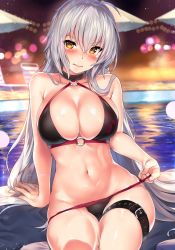 Rule 34 | 1girl, ahoge, arm support, bikini, bikini pull, black bikini, blanket, blurry, blush, bokeh, breasts, chair, cleavage, closed mouth, clothes pull, collarbone, commentary request, depth of field, embarrassed, fate/grand order, fate (series), feet out of frame, groin, highres, jeanne d&#039;arc alter (swimsuit berserker) (fate), jeanne d&#039;arc (fate), jeanne d&#039;arc alter (fate), jeanne d&#039;arc alter (swimsuit berserker) (fate), kawai (purplrpouni), large breasts, lips, long hair, lounge chair, mat, mattress, navel, o-ring, o-ring bikini, o-ring top, pool, sitting, skindentation, stomach, swimsuit, thigh strap, umbrella, v-shaped eyebrows, very long hair, water, white hair, yellow eyes