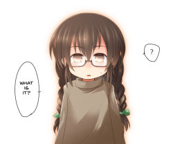 Rule 34 | 1girl, bow, braid, brown eyes, brown hair, brown shirt, child, female focus, glasses, hair bow, kso, long hair, long sleeves, looking at viewer, navel, open mouth, original, shirt, simple background, solo, sweat, twin braids, white background
