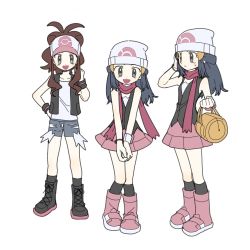 Rule 34 | 3girls, :d, bag, baseball cap, beanie, black eyes, black footwear, boots, brown hair, commentary request, creatures (company), dawn (pokemon), dawnlover 01, dual persona, full body, game freak, hat, hilda (pokemon), korean commentary, long hair, looking at viewer, multiple girls, nintendo, open mouth, pink footwear, pokemon, pokemon bw, pokemon dppt, scarf, shoelaces, simple background, smile, standing, white background, white headwear