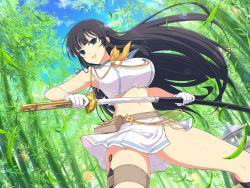 Rule 34 | 1girl, bamboo, bamboo forest, bare hips, bare legs, bare shoulders, black hair, blue eyes, breasts, forest, gloves, highres, ikaruga (senran kagura), katana, kunai, large breasts, legs apart, long hair, looking at viewer, miniskirt, nature, open mouth, senran kagura, skirt, smile, solo, sword, thick thighs, thighs, torn clothes, uniform, weapon, white gloves