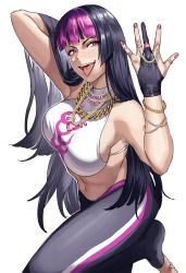 Rule 34 | 1girl, abs, bangle, black hair, bling, blunt bangs, bracelet, breasts, capcom, chain, chinese clothes, commentary, dudou, english commentary, eyelashes, fingernails, gem, gold chain, hair down, han juri, hand in own hair, hanny (uirusu chan), highres, jewelry, large breasts, midriff, multicolored hair, multiple rings, nail polish, navel, pants, purple eyes, purple hair, purple nails, ring, sideboob, sleeveless, solo, straight hair, street fighter, street fighter v, teeth, toned, tongue, tongue out, track pants, two-tone hair, upper teeth only