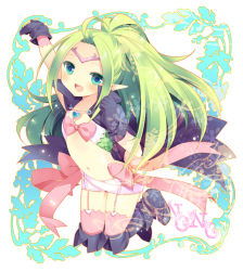 Rule 34 | 1girl, :d, ahoge, character name, circlet, fire emblem, fire emblem awakening, garter belt, garter straps, gloves, green eyes, green hair, long hair, matching hair/eyes, navel, nintendo, nowi (fire emblem), open mouth, outstretched arm, pink thighhighs, pointy ears, smile, solo, thighhighs, yukagen