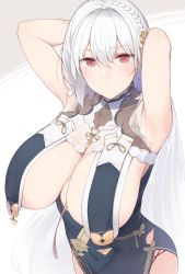 Rule 34 | 1girl, armpits, arms behind head, arms up, azur lane, bare shoulders, blush, braid, breast curtains, breasts, china dress, chinese clothes, cleavage, closed mouth, dress, enosan, flower, grey dress, hair between eyes, hair flower, hair ornament, highres, large breasts, looking at viewer, neckwear between breasts, red eyes, revealing clothes, see-through, short hair, side braid, sideboob, sirius (azur lane), sirius (azure horizons) (azur lane), solo, white hair