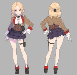 Rule 34 | 1girl, belt, black footwear, black ribbon, black skirt, blonde hair, blush, boots, braid, center frills, closed mouth, commentary request, corset, cropped jacket, enkyo yuuichirou, frilled shirt collar, frilled skirt, frilled sleeves, frills, full body, gloves, grey background, gun, hair ribbon, hand on own hip, handgun, holster, jacket, long sleeves, looking at viewer, multiple views, original, parted bangs, pouch, red eyes, ribbon, shirt, shoes, short hair, simple background, skindentation, skirt, socks, standing, thigh pouch, thigh strap, weapon, white gloves, white legwear, white shirt