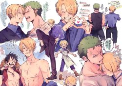 Rule 34 | 3boys, anger vein, black tank top, blonde hair, chokota, collage, collared shirt, curly eyebrows, facial hair, fighting, forehead-to-forehead, goatee, green hair, hair over one eye, heads together, heart, heart hands, loose necktie, male focus, monkey d. luffy, multiple boys, necktie, one piece, roronoa zoro, saliva, sanji (one piece), scar, scar across eye, shirt, short hair, sleeping, sleeping on person, sleeping upright, tank top, toned, toned male, translation request