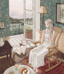 Rule 34 | 1girl, blonde hair, brown eyes, carpet, cat, chair, closed eyes, closed mouth, croissant, cup, dress, eokaku surimi, food, full body, highres, holding, holding cup, indoors, lamp, long hair, original, picture frame, plant, plate, potted plant, sitting, sleeveless, sleeveless dress, smile, solo, table, white dress, wooden floor