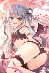 Rule 34 | 1girl, :d, ass, ass cutout, barefoot, black panties, black thighhighs, cameltoe, clothing cutout, commentary, crescent moon, demon girl, demon tail, demon wings, fang, feet out of frame, frilled panties, frills, grey hair, hair between eyes, hair ornament, hair ribbon, hair rings, hanamiya natsuka, heart, heart cutout, heart hair ornament, highres, long hair, looking at viewer, looking to the side, moon, one side up, open mouth, original, panties, petals, red eyes, red ribbon, red wings, ribbon, single thighhigh, smile, solo, symbol-only commentary, tail, tail through clothes, thighhighs, underwear, very long hair, wings