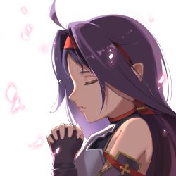 Rule 34 | 1girl, absurdres, ahoge, armor, black gloves, breastplate, closed eyes, detached sleeves, fingerless gloves, gloves, hair intakes, headband, highres, long hair, oekaki taro, own hands clasped, own hands together, parted lips, profile, purple hair, red headband, solo, sword art online, upper body, white background, yuuki (sao)