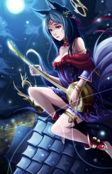 Rule 34 | 1girl, ahri (league of legends), alternate costume, animal ears, anklet, aqua eyes, armlet, bare shoulders, barefoot, bell, bracelet, breasts, cleavage, collar, dress, facial mark, forehead mark, fox ears, fox tail, full moon, hair ornament, hair ribbon, highres, instrument, instrument request, jewelry, league of legends, lots of jewelry, lute (instrument), medium breasts, moon, multiple tails, perzeusblade, ribbon, rooftop, shamisen, sitting, solo, tail, thigh strap, toeless legwear, whisker markings