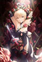 Rule 34 | 1girl, agnamore, armpits, arms up, artoria pendragon (all), artoria pendragon (fate), bad id, bad pixiv id, between legs, black gloves, black panties, black thighhighs, blonde hair, blush, breasts, chain, collarbone, commentary request, cuts, elbow gloves, fate/stay night, fate (series), flower, garter belt, glint, gloves, hair between eyes, head tilt, highres, injury, looking at viewer, navel, panties, parted lips, pixiv fate/grand order contest 2, red flower, red rose, restrained, rose, saber (fate), saber alter, small breasts, solo, sweat, sword, thighhighs, thorns, underwear, v-shaped eyebrows, weapon, yellow eyes