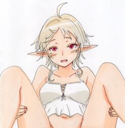 Rule 34 | 1girl, ahoge, blush, bottomless, breasts, elf, highres, knees up, looking at viewer, medium breasts, mushoku tensei, navel, open mouth, plump, pointy ears, potekite, red eyes, shirt, short hair, simple background, solo, spread legs, sylphiette (mushoku tensei), white background, white hair, white shirt