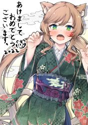 Rule 34 | 1girl, absurdres, animal ear fluff, animal ears, blush, brown hair, cat ears, cat girl, cat tail, commentary request, floral print, frills, green eyes, green kimono, hands up, highres, japanese clothes, jon (pixiv31559095), kimono, long hair, long sleeves, looking at viewer, low twintails, nail polish, obi, open mouth, original, pink nails, print kimono, sash, sidelocks, solo, sweat, tail, translation request, twintails, very long hair, wide sleeves