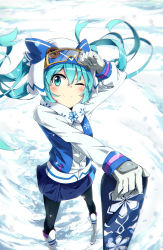 Rule 34 | 1girl, goggles, gradient background, hatsune miku, highres, long hair, one eye closed, snowboard, solo, tomato (lsj44867), twintails, very long hair, vocaloid, winter clothes, yuki miku