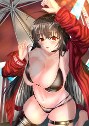 Rule 34 | 1girl, absurdres, ahoge, azur lane, bikini, black bikini, black choker, black thighhighs, breasts, choker, cleavage, commentary request, eyewear on head, highres, huge filesize, jacket, large breasts, looking at viewer, multi-strapped bikini bottom, navel, open clothes, open jacket, partial commentary, race queen, red eyes, red jacket, saki dare, solo, swimsuit, taihou (azur lane), taihou (enraptured companion) (azur lane), thigh strap, thighhighs, umbrella
