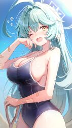 Rule 34 | 1girl, absurdres, ahoge, bandaid, bare arms, bare legs, bare shoulders, black one-piece swimsuit, blue archive, blush, breasts, cleavage, cowboy shot, day, flying sweatdrops, green hair, halo, highres, huge ahoge, large breasts, long hair, looking at viewer, misyune, one-piece swimsuit, one eye closed, open mouth, outdoors, school swimsuit, solo, sunlight, sweat, swimsuit, yellow eyes, yellow halo, yume (blue archive)