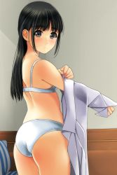 Rule 34 | 1girl, ass, back, bare shoulders, black hair, blunt bangs, blush, bra, closed mouth, cowboy shot, from side, frown, green eyes, highres, indoors, long hair, long sleeves, looking at viewer, looking to the side, matsunaga kouyou, original, panties, pillow, shirt, sidelocks, sleeves past wrists, solo, standing, straight hair, tareme, thighs, underwear, undressing, white bra, white panties, white shirt