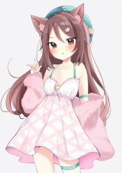 Rule 34 | 1girl, ahoge, animal ear fluff, animal ears, anyuu, bare shoulders, beret, blush, brown eyes, brown hair, cat ears, cat hair ornament, clothing cutout, collarbone, commentary, dress, green hat, grey background, hair between eyes, hair ornament, hairclip, hand up, hat, heart cutout, highres, jacket, long hair, looking at viewer, off shoulder, original, parted bangs, parted lips, pink jacket, romaji commentary, simple background, sleeveless, sleeveless dress, solo, thigh strap, very long hair, white dress