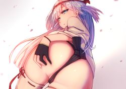 Rule 34 | 1girl, absurdres, ass, azur lane, bad id, bad pixiv id, black fundoshi, black gloves, blue eyes, blush, breasts, crotch, from behind, fundoshi, gloves, hair ornament, hairband, half-closed eyes, hand on own ass, highres, japanese clothes, large breasts, long hair, looking at viewer, looking back, mole, mole under eye, open mouth, partially fingerless gloves, sakura cha, shoukaku (azur lane), sidelocks, silver hair, solo, thighhighs, thighs, underwear, white thighhighs, wide sleeves