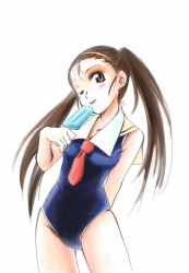 Rule 34 | 1girl, :p, blush, brown eyes, brown hair, food, jason (kaiten kussaku kikou), long hair, one-piece swimsuit, one eye closed, original, popsicle, simple background, solo, swimsuit, tongue, tongue out, twintails, white background, wink