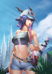 Rule 34 | 1girl, arknights, bare arms, bare shoulders, baseball cap, bikini, blue hair, blue sky, breasts, ch&#039;en (arknights), ch'en (arknights), cloud, commentary, cowboy shot, day, dragon horns, female tourist c (arknights), folded ponytail, grey bikini, grey shorts, hair between eyes, hat, heart, highleg, highleg bikini, highres, horns, klon, large breasts, long hair, medium breasts, meme, mouth hold, navel, official alternate costume, open fly, pouch, red eyes, short shorts, shorts, sky, solo, standing, stomach, swimsuit