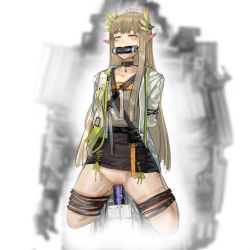 Rule 34 | 1girl, absurdres, ahegao, arknights, arms behind back, ball gag, bdsm, bit gag, black choker, black skirt, blurry, blurry background, blush, bondage, bound, bound legs, brown eyes, brown hair, censored, choker, clothes lift, coat, collarbone, defeat, depth of field, dildo, elf, full body, gag, gagged, hair ornament, highres, long hair, miniskirt, mole, mole under eye, mosaic censoring, muelsyse (arknights), object insertion, open clothes, open coat, pointy ears, restrained, robot, sex machine, sex toy, skirt, skirt lift, solo, stationary restraints, straight hair, vaginal, vaginal object insertion, variant set, very long hair, white coat, yi zhi ai xi