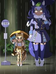 Rule 34 | 3abw2, 3girls, :&lt;, animal ears, animal print, bare shoulders, blonde hair, blue bow, blue bowtie, blue hair, blue jacket, blue skirt, blue thighhighs, blush, boots, bow, bowtie, brown footwear, brown hair, carrying, cat ears, cat girl, cat print, cat tail, closed eyes, dire wolf (kemono friends), fur collar, garter straps, geoffroy&#039;s cat (kemono friends), gloves, glowing, glowing eyes, green eyes, hair between eyes, hair bow, high-waist skirt, highres, jacket, juliet sleeves, kemono friends, kemono friends v project, leaf, leaf on head, light brown hair, long hair, long sleeves, multicolored hair, multiple girls, piggyback, plaid, plaid skirt, plaid trim, pleated skirt, print skirt, print thighhighs, puffy sleeves, rain, rain poncho, shirt, siberian chipmunk (kemono friends), sidelocks, skirt, smile, tail, thighhighs, tonari no totoro, totoro bus stop, translation request, twintails, umbrella, white footwear, white fur, white gloves, white hair, white shirt, wolf ears, wolf girl, wolf tail, yellow eyes, zettai ryouiki
