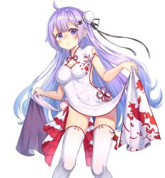 Rule 34 | 1girl, absurdres, ahoge, azur lane, black ribbon, blush, breasts, bun cover, china dress, chinese clothes, cleavage, cleavage cutout, closed mouth, clothes lift, clothing cutout, covered navel, double bun, dress, dress lift, embarrassed, floral print, flower knot, gluteal fold, hair bun, hair ornament, hair ribbon, hairclip, highres, legs apart, lifted by self, long hair, looking at viewer, medium breasts, nose blush, pelvic curtain, print dress, purple eyes, purple hair, rangen, ribbon, short sleeves, side slit, sidelocks, simple background, skirt hold, solo, standing, stuffed winged unicorn, thighhighs, unicorn (azur lane), unicorn (the gift of spring) (azur lane), unicorn (the gift of spring) (azur lane), very long hair, wavy mouth, white background, white dress, white thighhighs