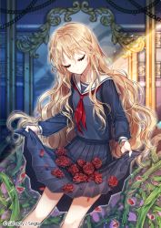 Rule 34 | 1girl, blonde hair, copyright name, closed eyes, flower, holding clothes, holding skirt, long hair, mirror, official art, petals, red flower, red rose, rose, rose bush, rose petals, school uniform, sid story, sila (carpen), skirt, solo