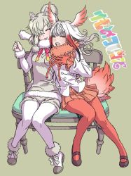 Rule 34 | 10s, 2girls, alpaca suri (kemono friends), animal ears, ankle boots, bird tail, black footwear, blunt bangs, boots, breasts, buttons, chair, closed eyes, collar, commentary request, frilled sleeves, frills, full body, fur collar, fur trim, gloves, gradient hair, grey background, hair over one eye, head wings, highres, japanese crested ibis (kemono friends), kemono friends, lipstick, long hair, long sleeves, looking at viewer, makeup, mary janes, miniskirt, multicolored hair, multiple girls, neck ribbon, open mouth, pantyhose, pleated skirt, red gloves, red hair, red legwear, red ribbon, red skirt, ribbon, shirt, shoes, short hair with long locks, shorts, sidelocks, simple background, sitting, skirt, smile, tail, white hair, white legwear, white shirt, wide sleeves, wings, yamashita shun&#039;ya, yellow eyes