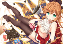 Rule 34 | 10s, 1girl, aqua eyes, bowl, box, breasts, breasts out, brown hair, brown thighhighs, candy, unworn cape, chocolate, chocolate heart, clarisse (granblue fantasy), cleavage, clothes lift, eyebrows, food, from above, gift, gift box, granblue fantasy, hair ribbon, heart, holding, holding gift, large breasts, long hair, looking at viewer, miniskirt, nekoyaso, nipples, no shoes, ponytail, red skirt, ribbed sweater, ribbon, shirt, shirt lift, sitting, skirt, sleeveless, sleeveless shirt, spatula, spill, sweater, sweater lift, swept bangs, thighhighs, turtleneck, valentine, vyrn (granblue fantasy)
